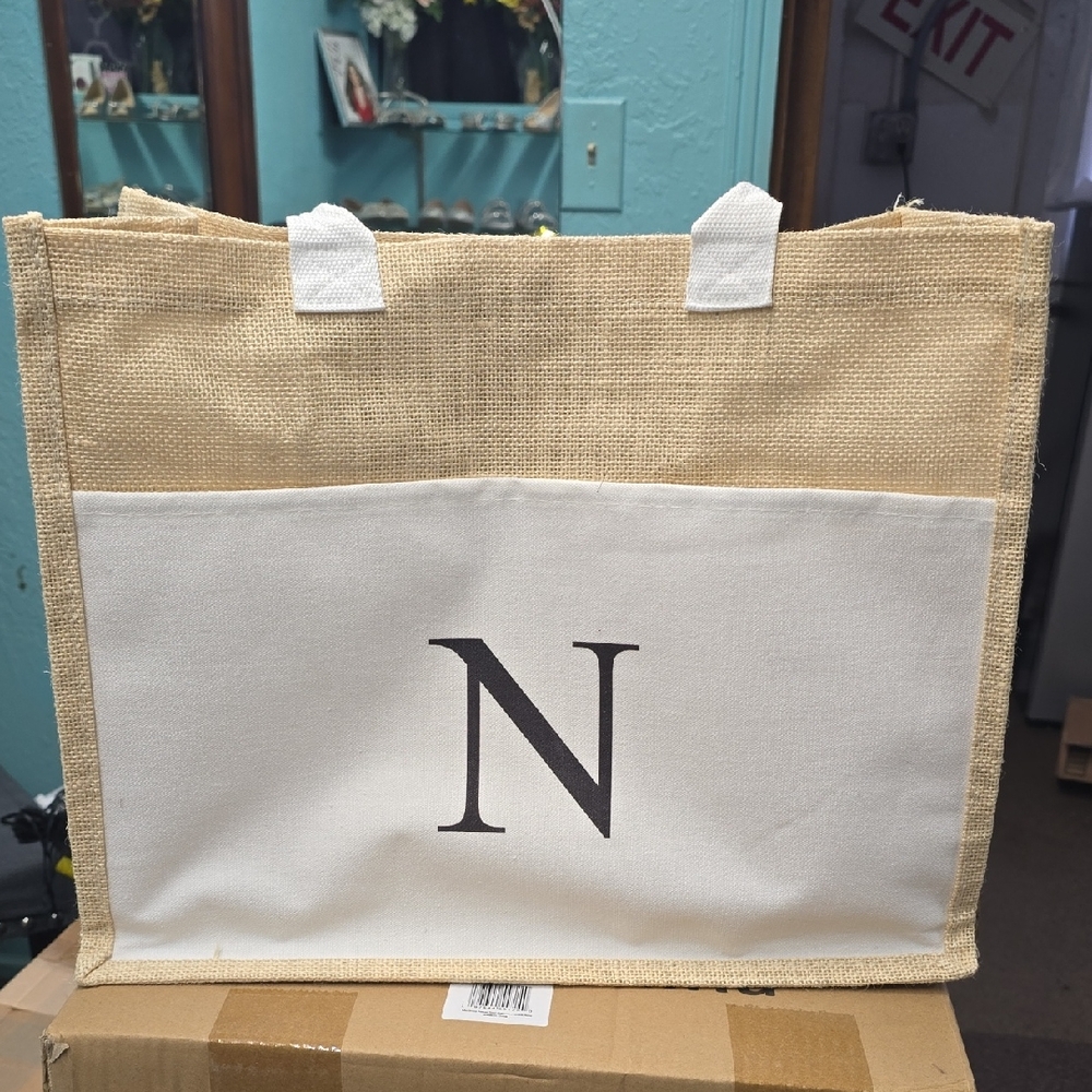 Elegant Beige and White Tote with 'N' Initial